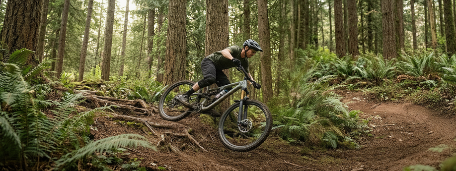 Moutainbiker met groene kleding op een groene mountainbike op een trail in een bos waarbij hij van de wortels afkomt en richting een bocht gaat