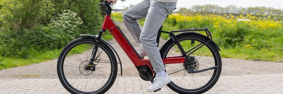 Persoon op een rode Riese & Müller Nevo e-bike die fietst over een klinkerweg met gravelpad erachter tussen struiken en planten ernaast