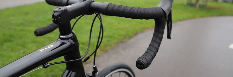 Trek Domane racefiets op fietspad met gras erachter waarbij het balhoofd duidelijk zichtbaar is