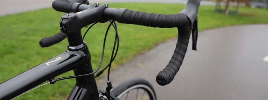 Trek Domane racefiets op fietspad met gras erachter waarbij het balhoofd duidelijk zichtbaar is