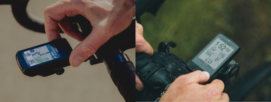 Wahoo Elemnt Bolt 3 en Roam 3 op verschillende sturen met handen die op knoppen klikken