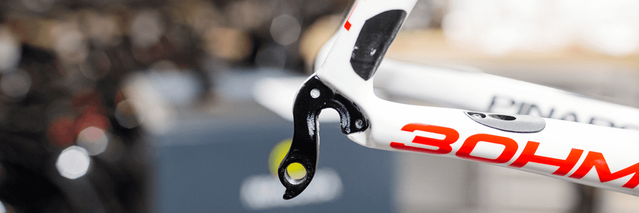 Close-up van een zwarte derailleurpad op een witte Pinarello fiets