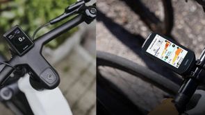 Bosch Kiox display gemonteerd op een e-bike en een Garmin Edge fietscomputer gemonteerd op een racefiets