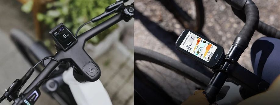 Bosch Kiox display gemonteerd op een e-bike en een Garmin Edge fietscomputer gemonteerd op een racefiets