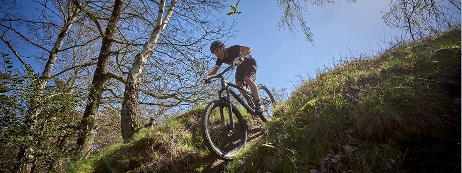Mountainbiker met 12GO Fietsshirt die een steile afdeling neemt op een trail tussen de bomen door
