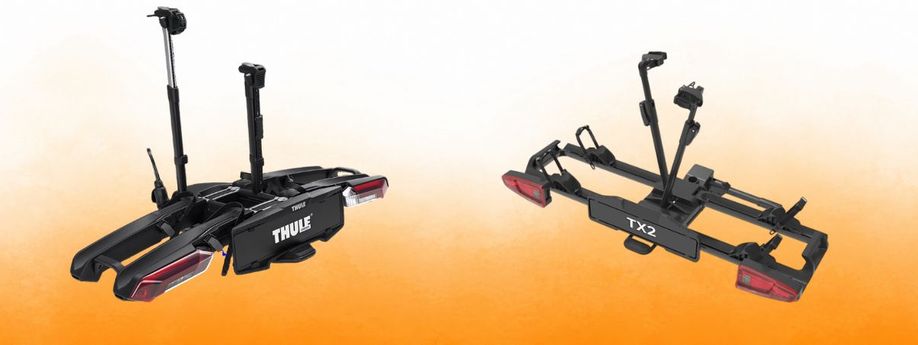 De Thule Epos 2 en de Spinder TX2L fietsendragers naast elkaar afgebeeld