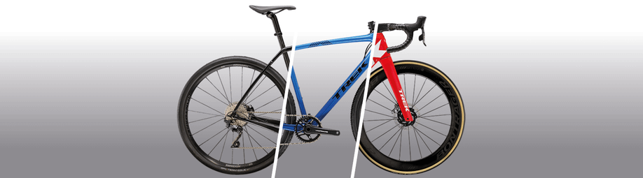 Drie afbeeldingen van een gravelbike (achterkant), cyclocrosser (midden) en racefiets (voorkant) door elkaar verwerkt