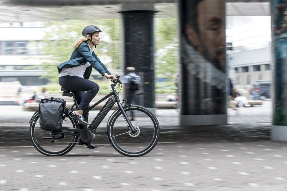 Vrouw met helm op zwarte elektrische fiets die lang verschillende palen rijdt met kunst erop