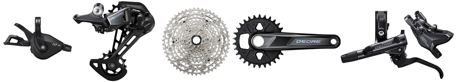 Onderdelen van Shimano Deore; cassette, voorderailleur, achterderailleur, crankstel, ketting, shifter en remhendel