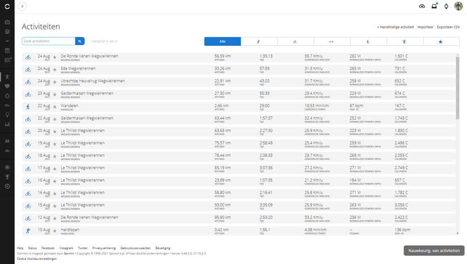 Overzicht van fietsactiviteiten in Garmin Connect