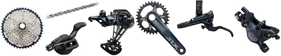 Onderdelen van Shimano SLX; cassette, voorderailleur, achterderailleur, crankstel, ketting, shifter en remhendel