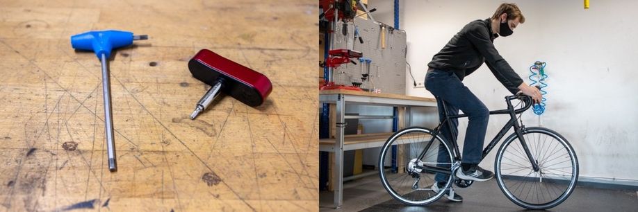 Persoon controleer of alles van het stuur goed vast zit en draait nog even aan met met inbussleutels als dat nodig is