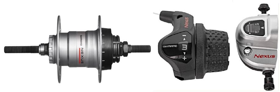 De versnellingsnaaf, gripshift en het versnellingsapparaat van de Shimano Nexus 3