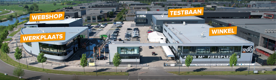 Overzicht van de winkel, werkplaats, webshop en testbaan van 12GO Biking