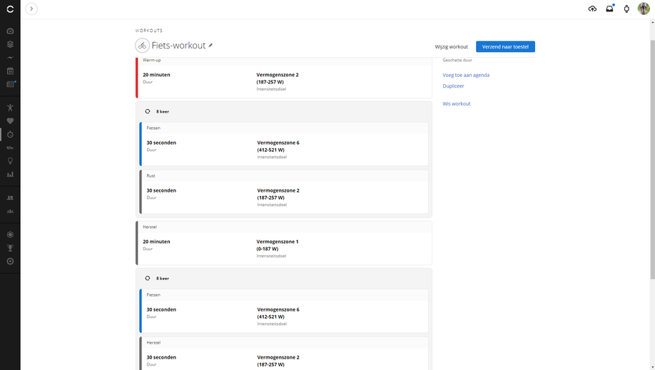 Fiets work-out gebouwd in Garmin Connect