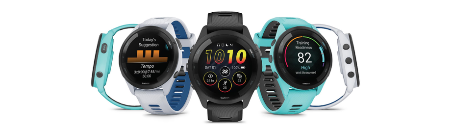 Garmin Forerunner 265 line-up met alle kleuren, traingingssuggestie, tijd en training readiness