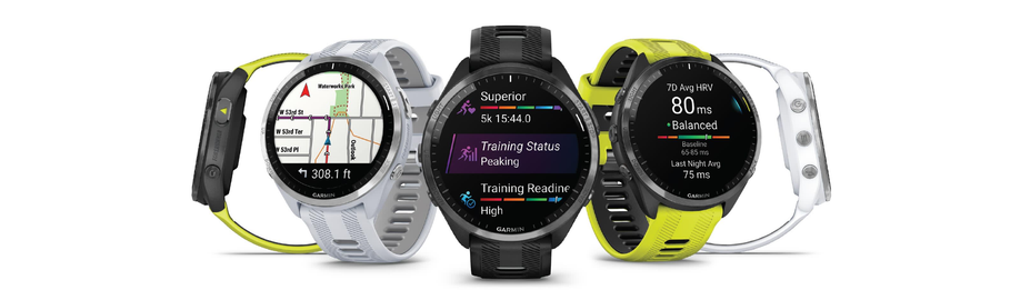 Garmin Forerunner 965 line-up met alle kleuren, kaarten, traingingsstatus en hrv gemiddelde