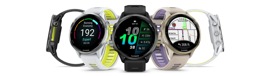 Garmin Forerunner 970 line-up met alle kleuren, running economy, tijd en kaarten