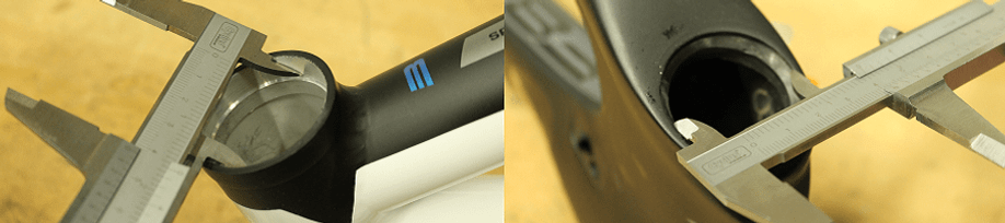 Meten van de binnendiameter van het balhoofdbuis aan boven- en onderkant