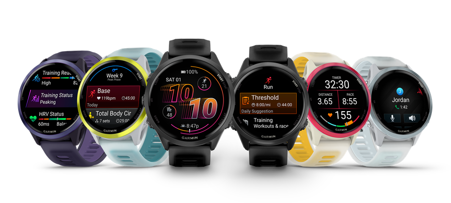 Garmin Forerunner 570 volledige line-up met alle kleuren en verschillende gegevensschermen
