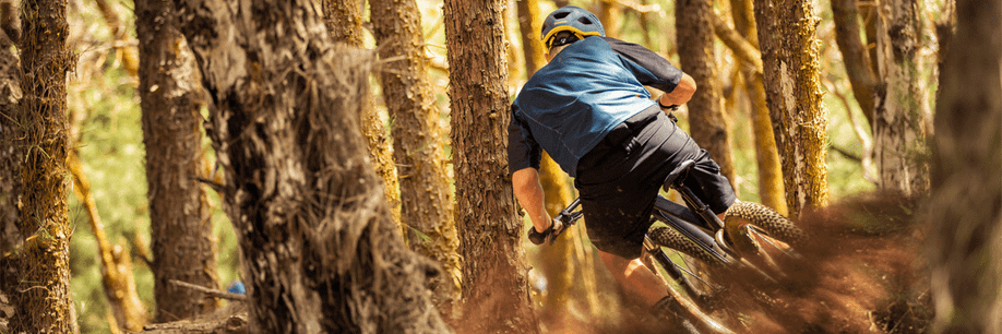 Fietser met korte fietskleding hangt in een bocht naar links met zijn mountainbike terwijl hij een trail aflegt tussen droge en dunnen bomen