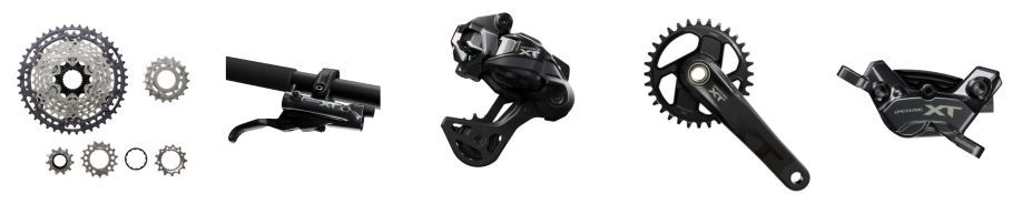 Onderdelen van Shimano XT Di2; cassette, achterderailleur, crankstel, shifter en remhendel