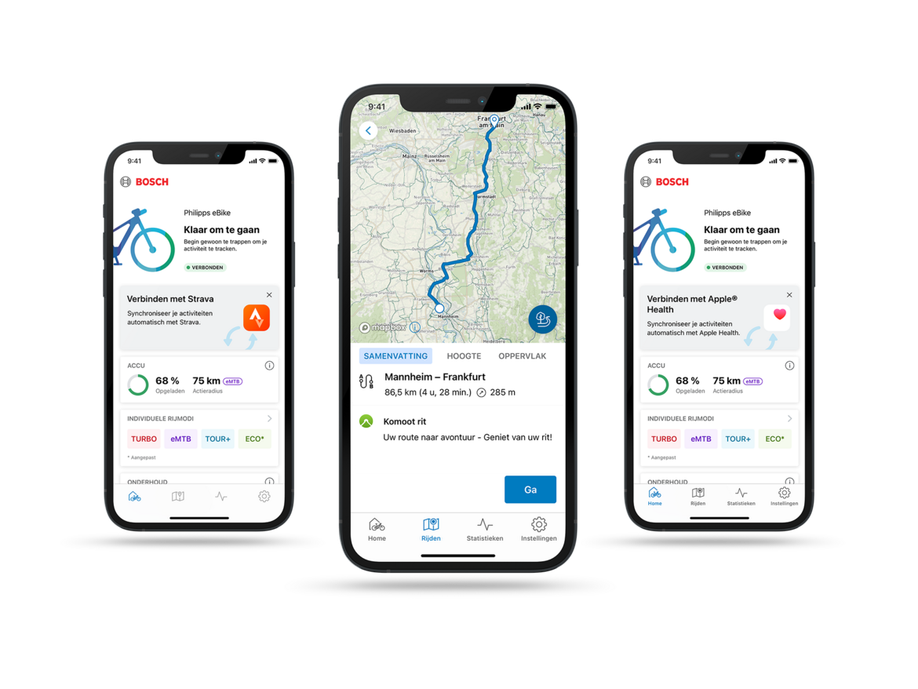 Bosch e-bike Flow app op 3 telefoon waarbij de buitenste het startscherm hebben en de middelste een route van Mannheim naar Frankfurt