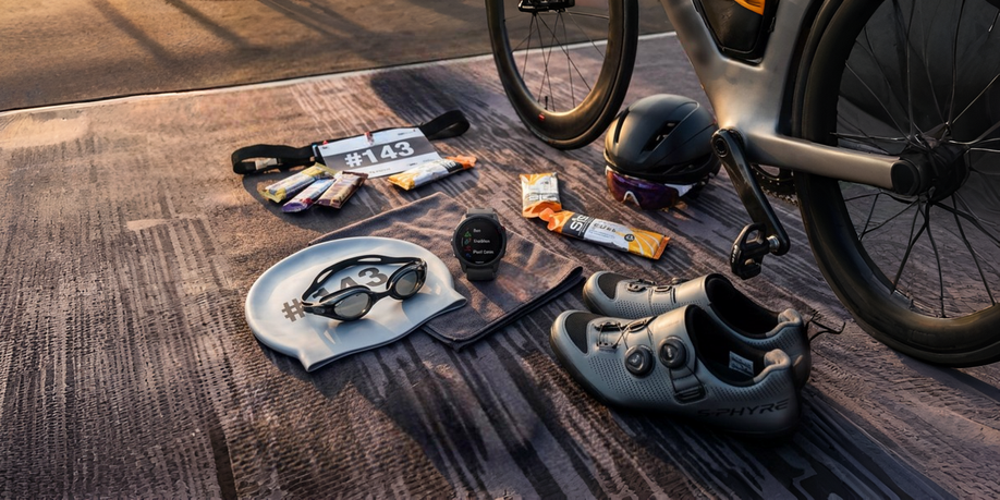 Extra benodigheden voor een triatlon met voeding, helm, bril, schoenen, startnummer, horloge, zwemcap en zwembril