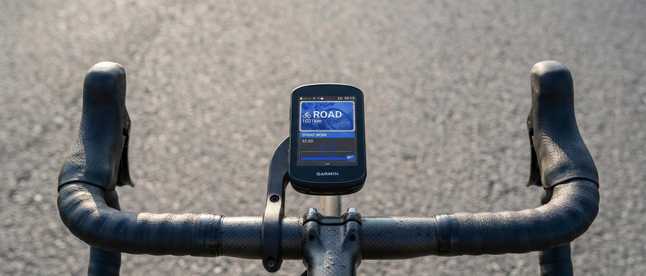 Garmin Edge 550 met houder op een zwart racefietsstuur terwijl het beginscherm met 'Road' aan staat