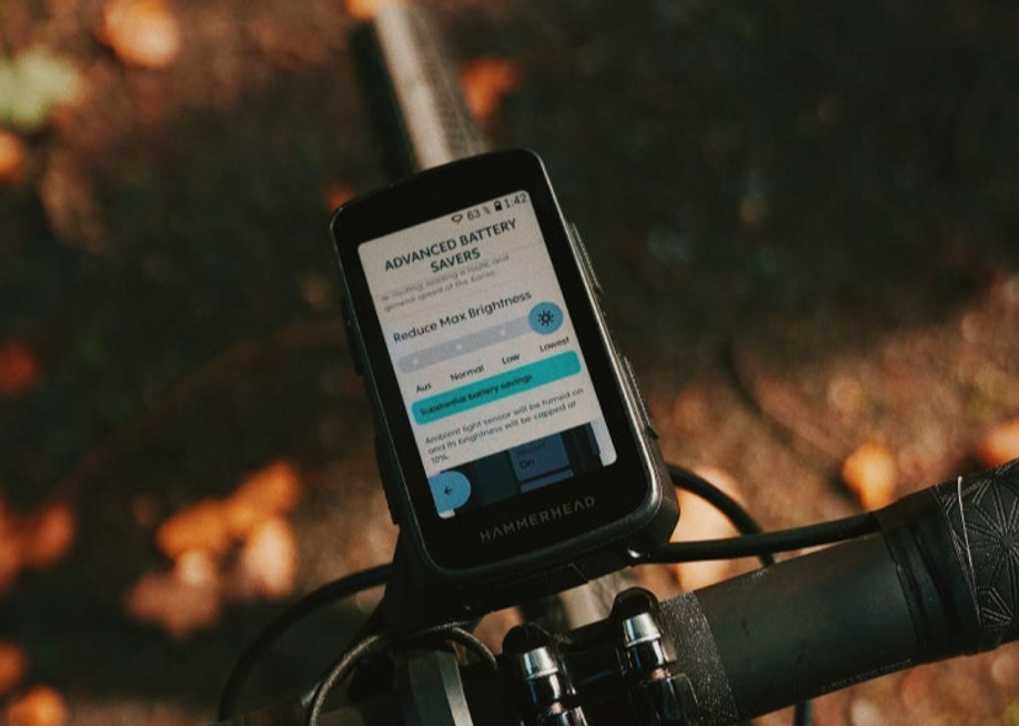 Hammerhead Karoo fietscomputer op mountainbikestuur met grond en losse bladeren als ondergrond