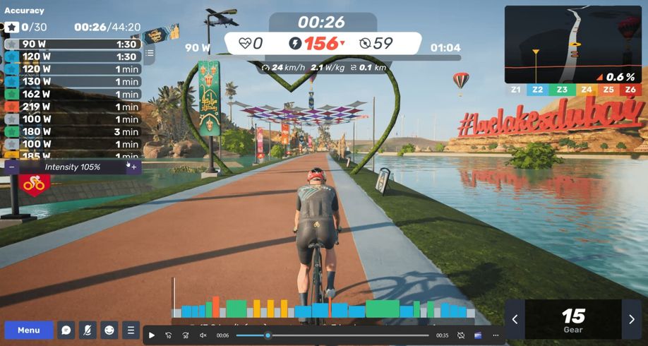 MyWhoosh in-game voorbeeld met training op verschillende wattages