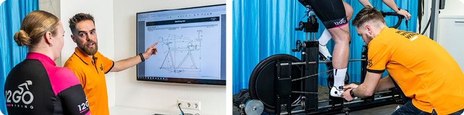 Medewerker 12GO Biking stelt bikefit af en legt gegevens over geometrie uit aan klant