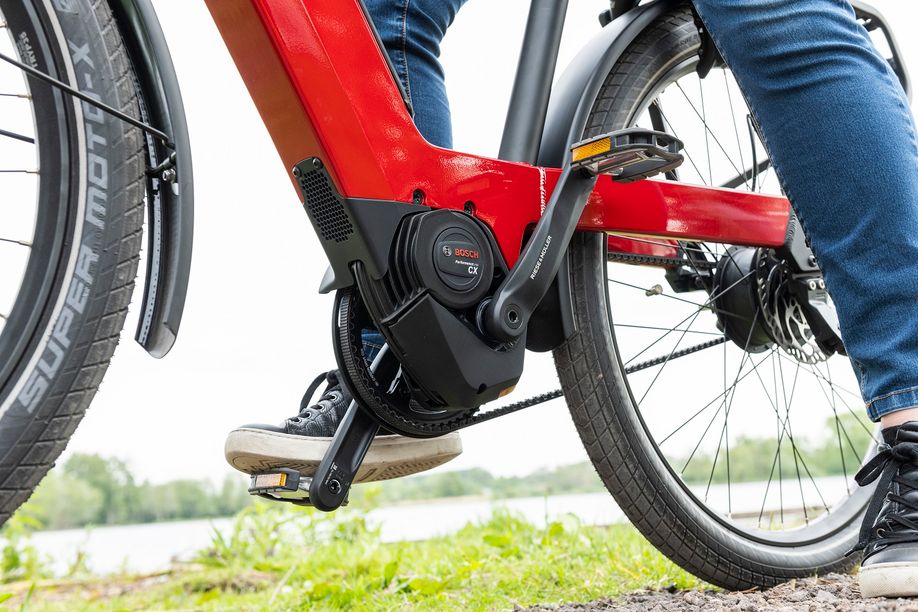 Rode elektrische fiets met Bosch Performance Line CX middenmotor het persoon erop en een meer op de achtergrond