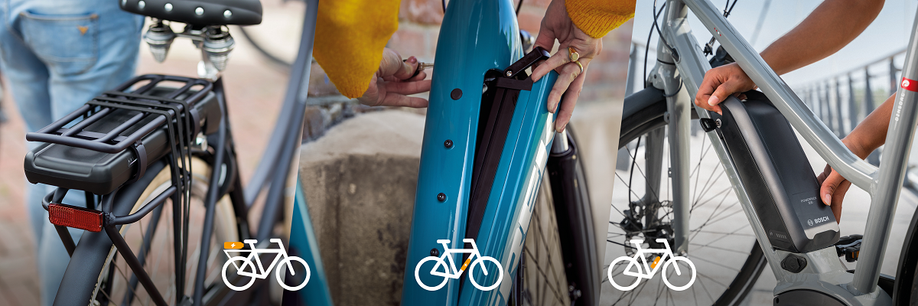 Fietsen met accu in achterdrager, frame en op het frame met illustraties om aan te geven op welke posities die bij de fiets zitten