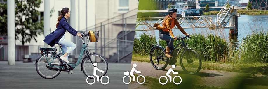 Een vrouwelijke fietser die rechtop haar fiets zit en een vrouwelijke fietser die sportief op haar fiets zit met illustraties van de zithoudingen rechtop, gebogen en sportief