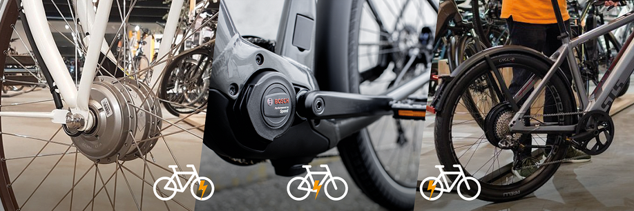 Fietser met een voorwiel-, midden-, of achterwielmotor naast elkaar met illustraties van fietsen waarbij een energieteken bij de posities staan
