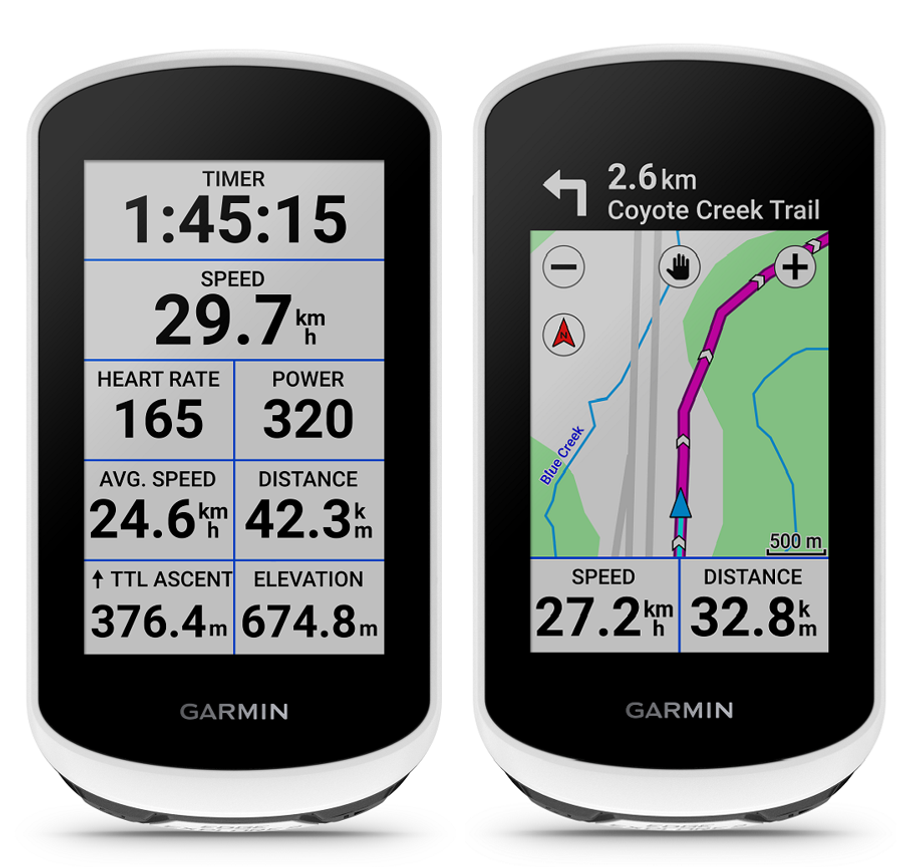 2x Garmin Edge Explore 2 fietscomputer naast elkaar met gegevensoverzicht en kaartfunctie