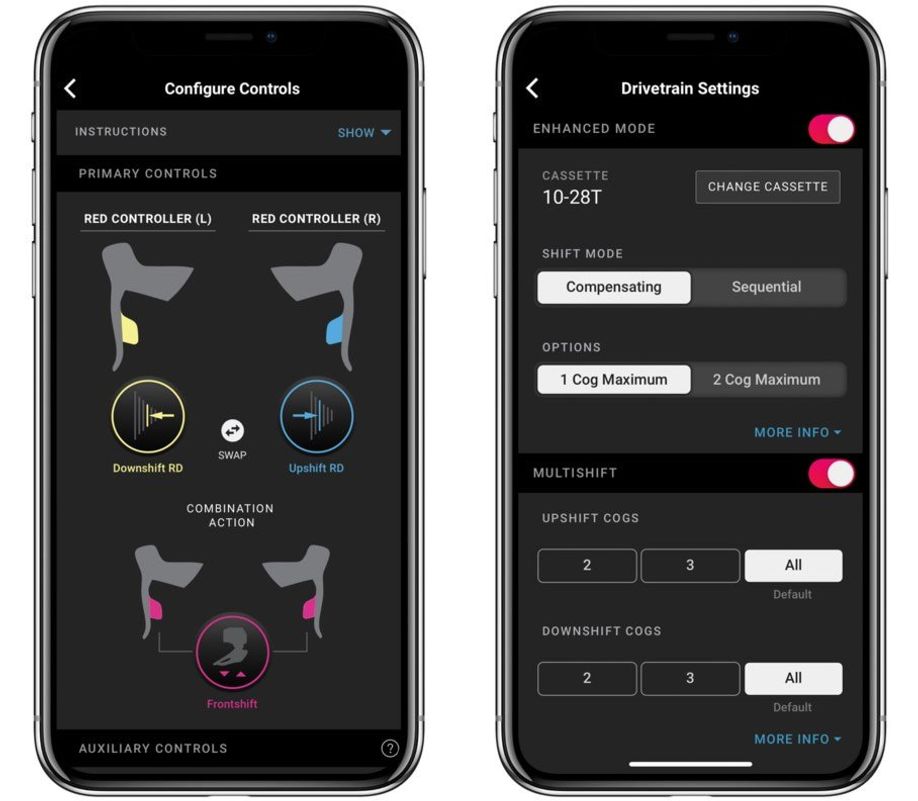 Verschillende configuratie- en drivetraininstellingen op de telefoon in de SRAM AXS-app