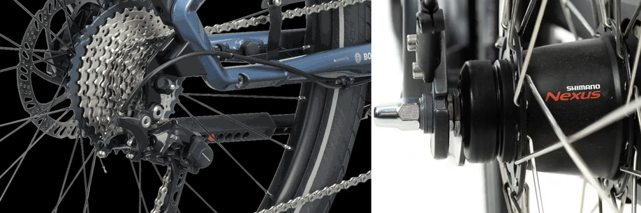 Vergelijking met links fiets voorzien van achterderailleur en een grote cassette met recht een Shimano Nexus naafversnelling