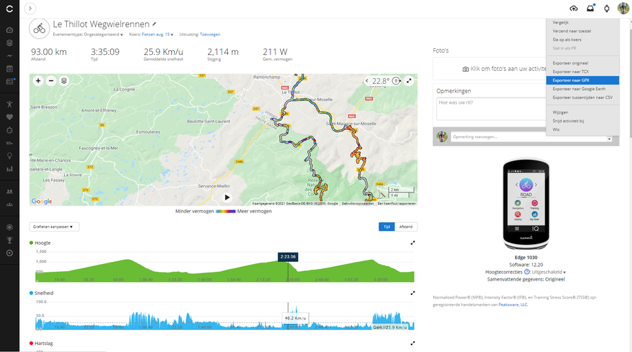 Afgelegde fietsroute met hoogte en snelheid in Garmin Connect