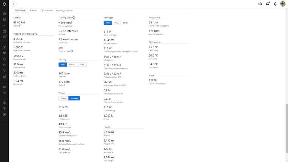 Uitgebreide trainingsstatistieken van fietsen in Garmin Connect