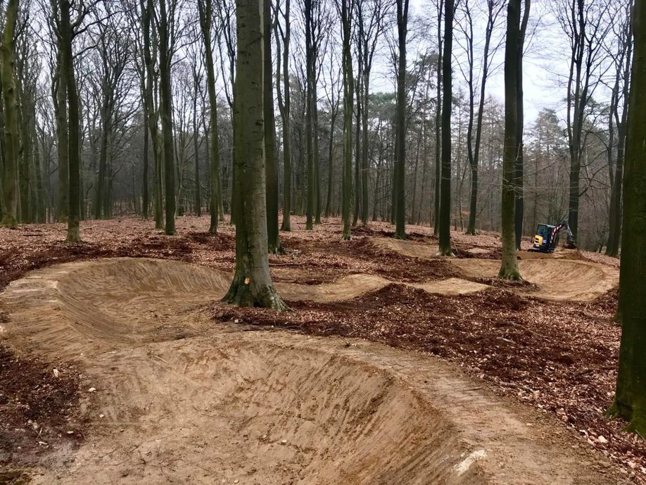 Droog een kaal bos met een graafmachine op de achtergrond die een volledige baan voor mountainbike aan het aanleggen is