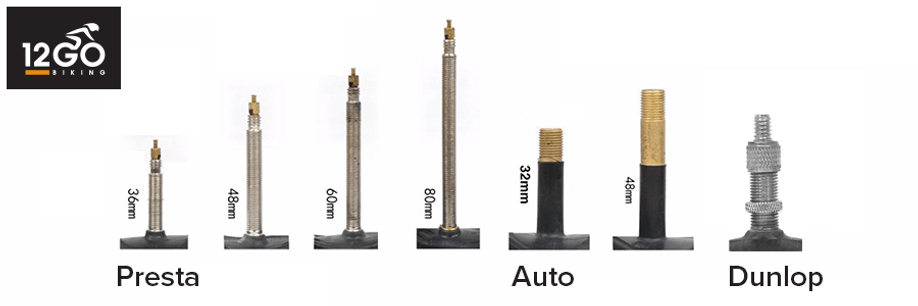 Verschillende typen ventielen in verschillende lengtes: Presta (36, 48, 60 en 80 mm), Auto(32 en 48 mm) en Dunlop