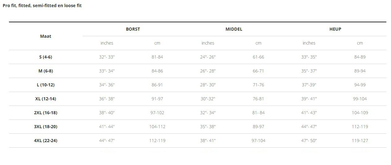 Maattabel dames bontrager