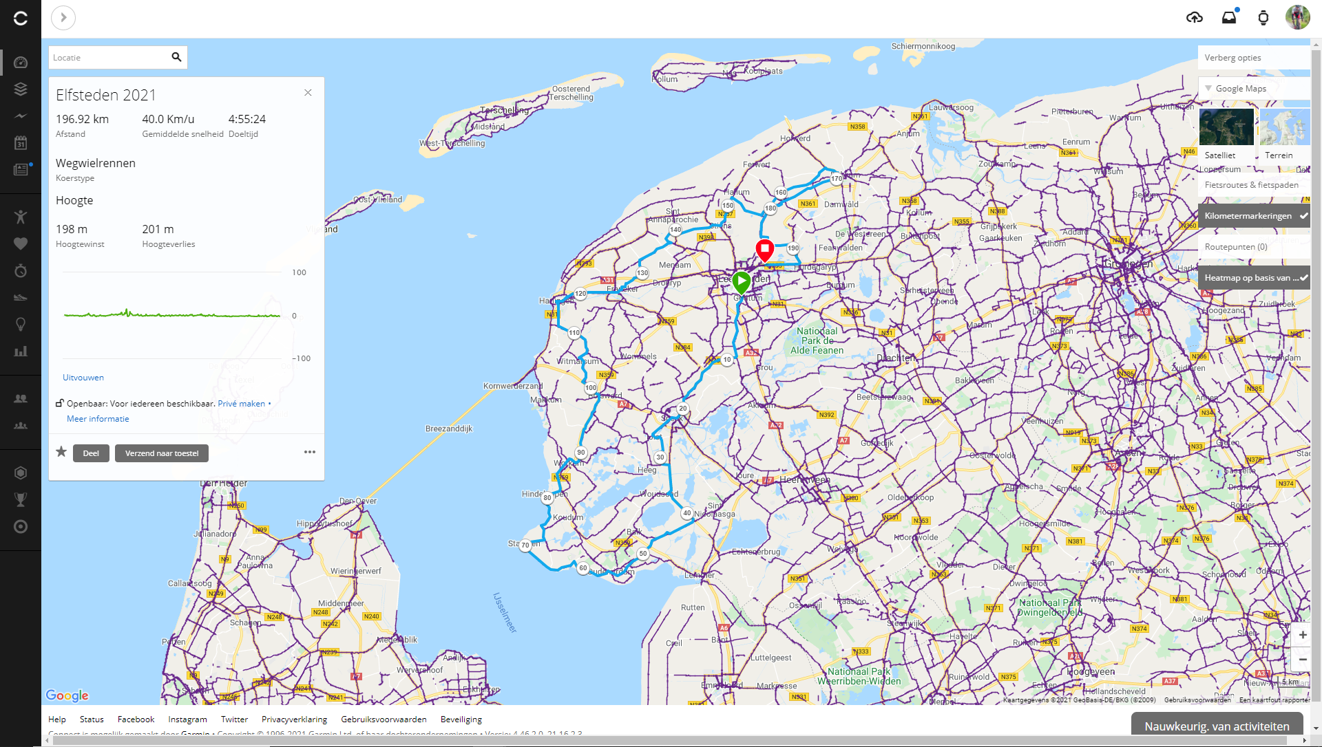 Weergave route Garmin Connect